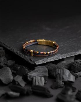 Preview: Dreifaches Armband mit italienischem Leder und 2 mm Tigerauge-Stein in 3 Farben - Triplux 3Colours